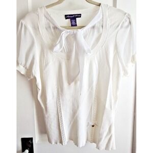 Russell Kemp White short puff sleeves knit‎ sweater tie neck blouse Sz L